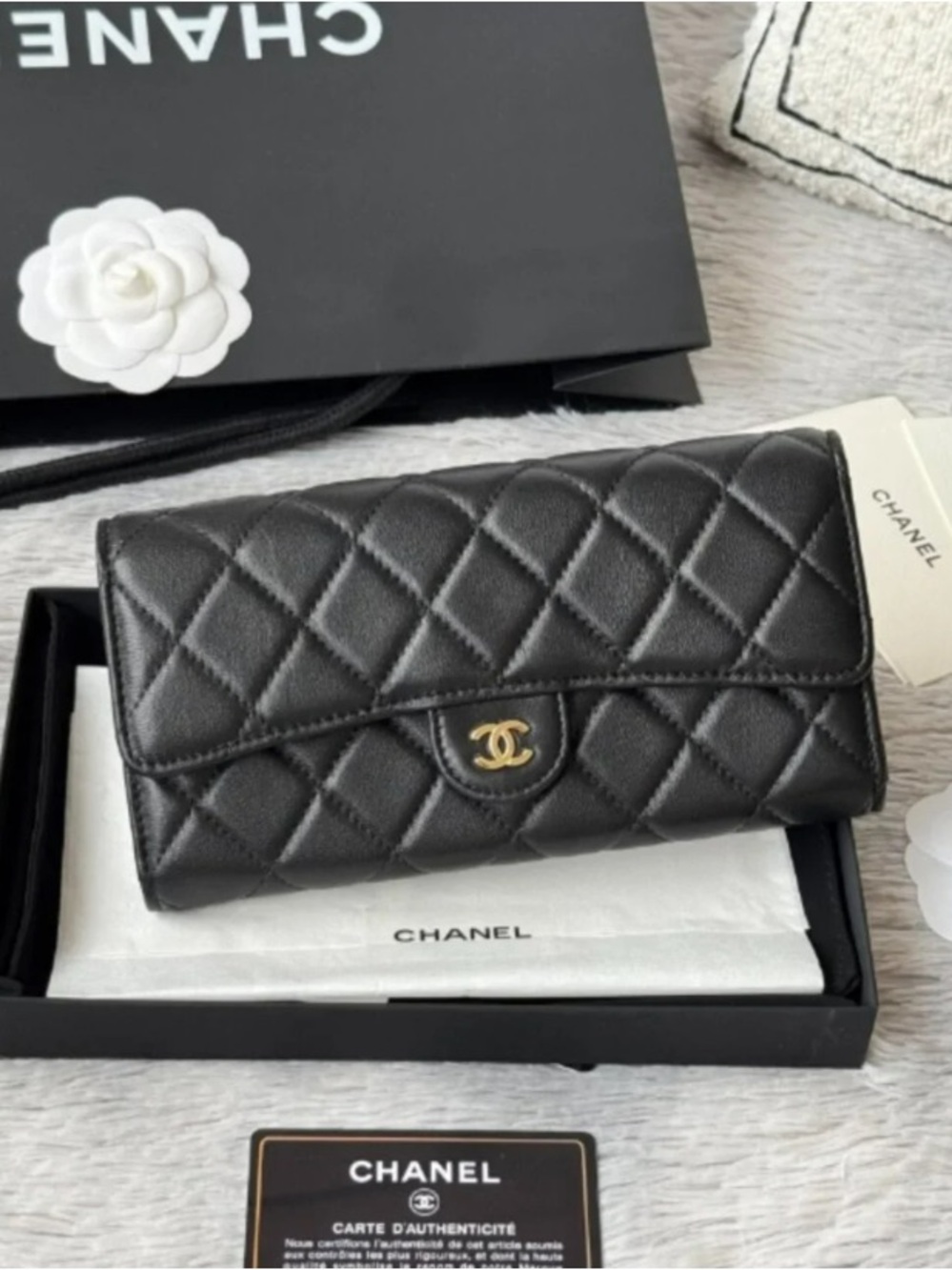 Chanel Black Quilted Leather Wallet with Gold CC Emblem